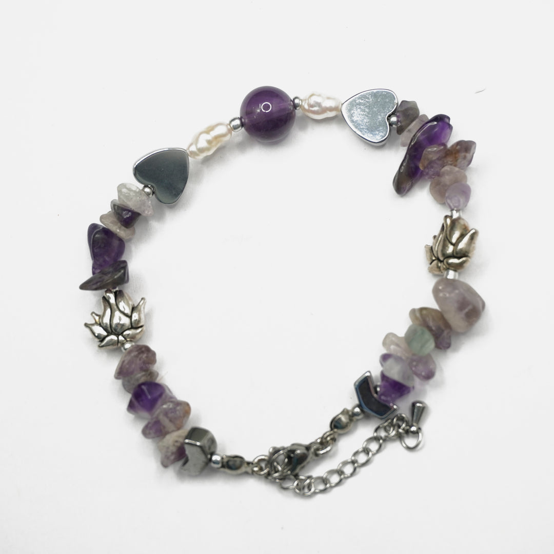 Amethyst Bracelet: Lotus and Heart Charms