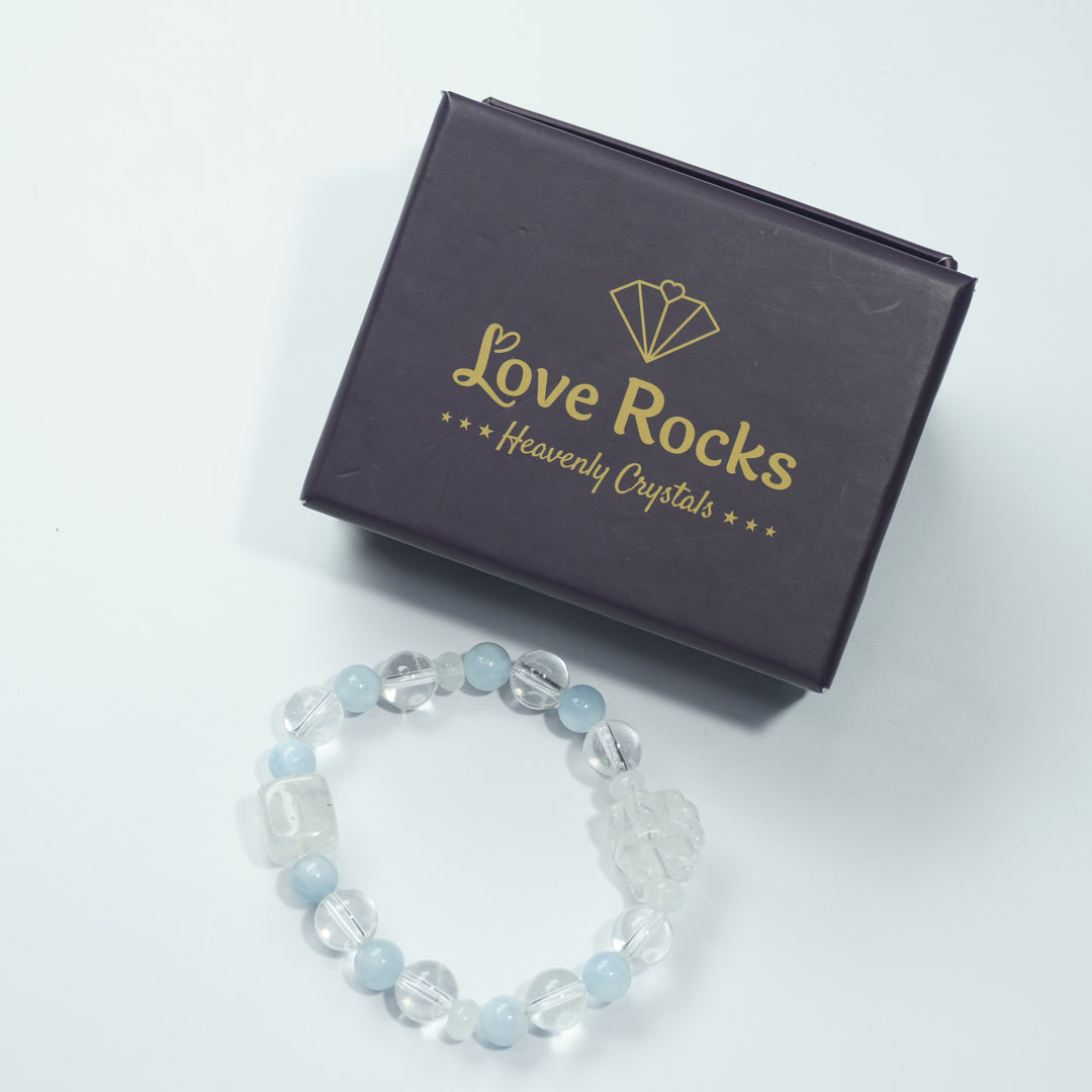 Aquamarine & Clear Quartz Fox Bracelet: Calm & Wisdom