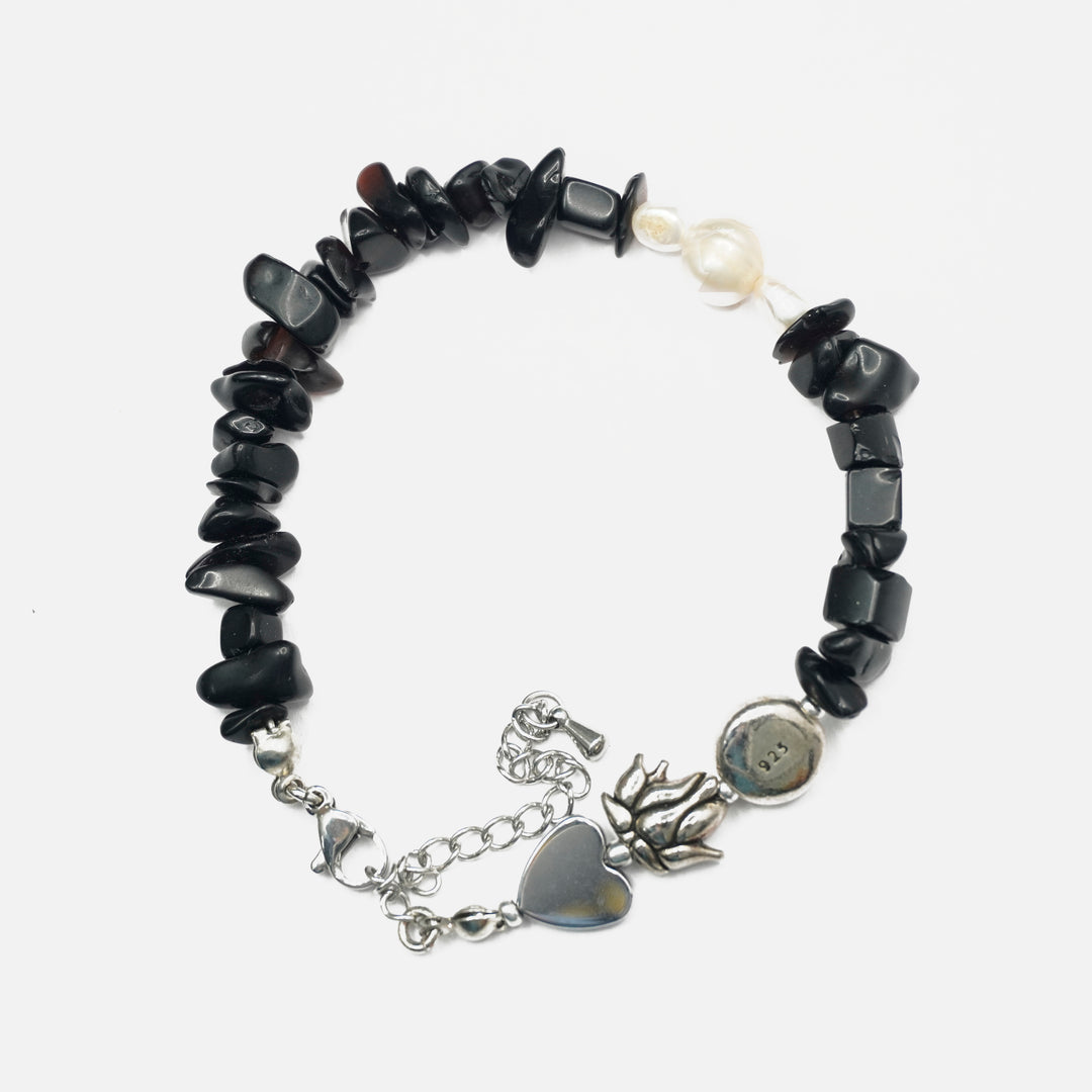 Black Tourmaline Bracelet: Lotus and Heart Charm