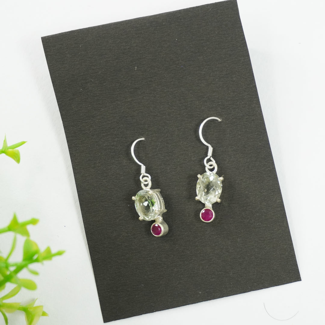 Green Amethyst Silver Earrings : Oval with Zircon