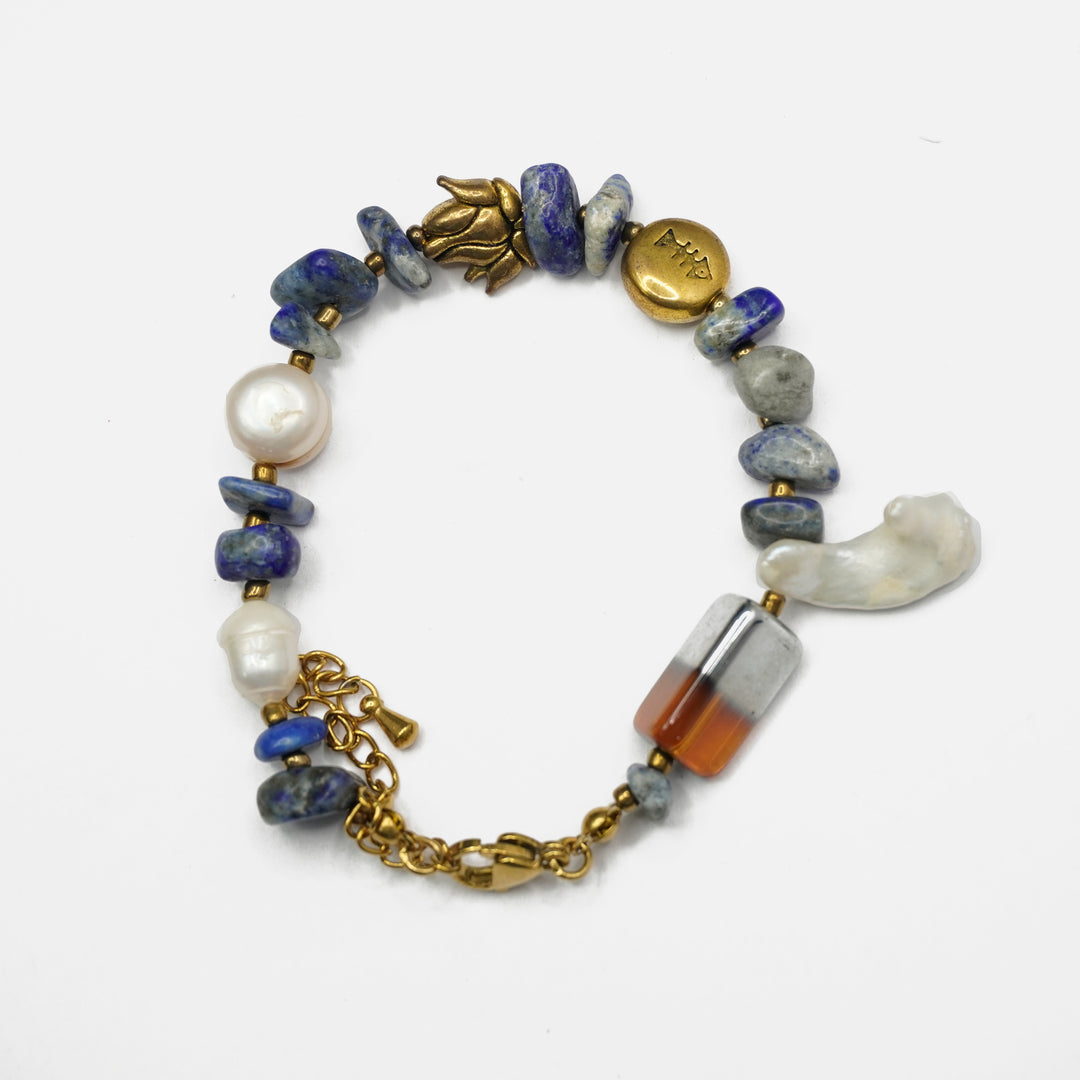 Lapis Lazuli Bracelet: Lotus and Pearl Charm