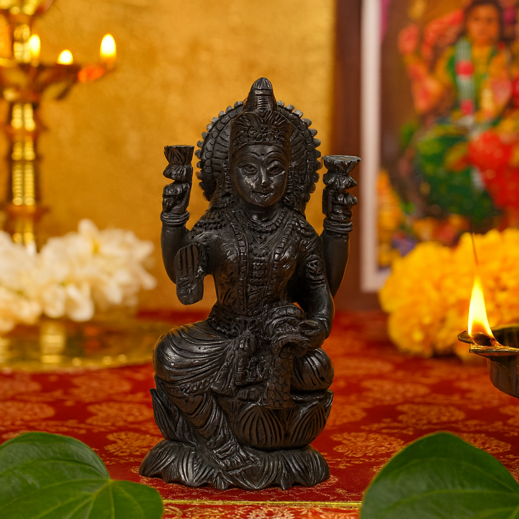 Karungali Dhanalakshmi Idol : Goddess of Wealth Sitting on Lotus