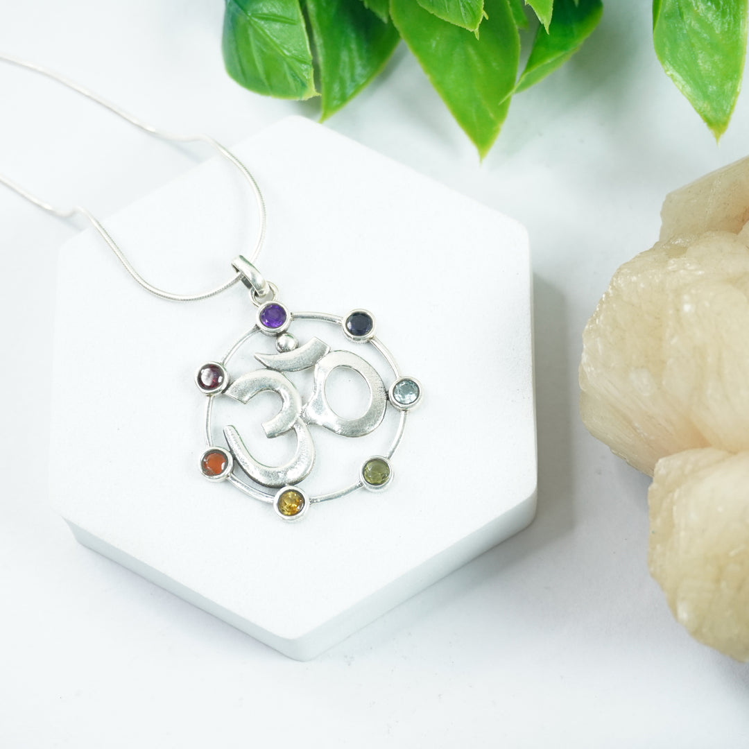 Om Silver Pendant : 7 Chakra Stones