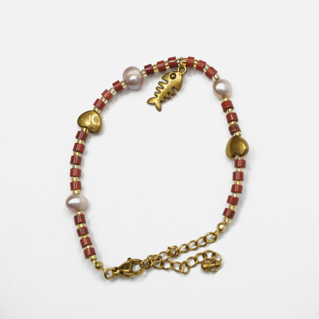 Red Jasper Bracelet: Heart and Fish Charms