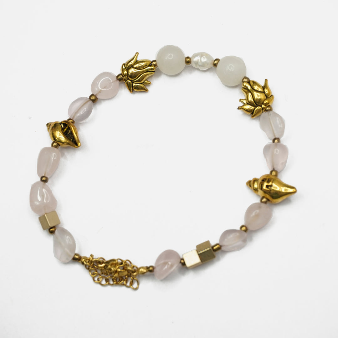 Rose Quartz Bracelet: Conch, Lotus and Square Charms