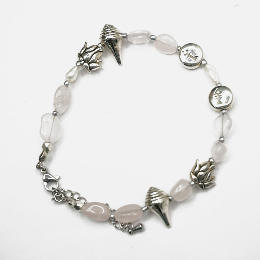 Rose Quartz Bracelet: Conch and Lotus Charm