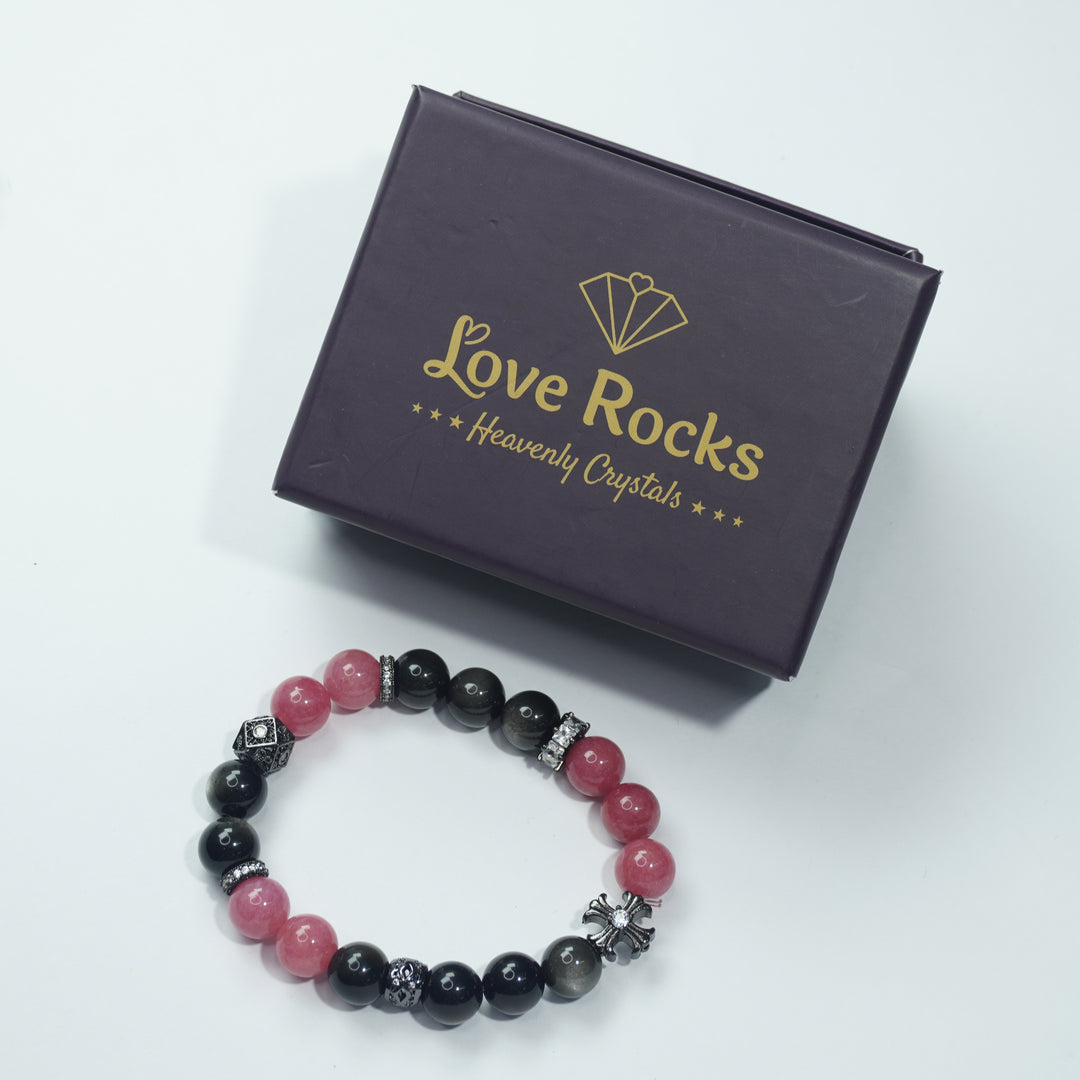 Silver Obsidian & Chalcedony Crossheart Bracelet: Grounding & Calm
