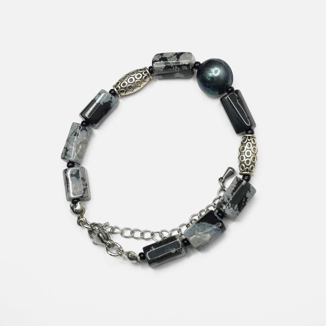 Snowflake Obsidian Bracelet: Tibetan Dzi-style Charm