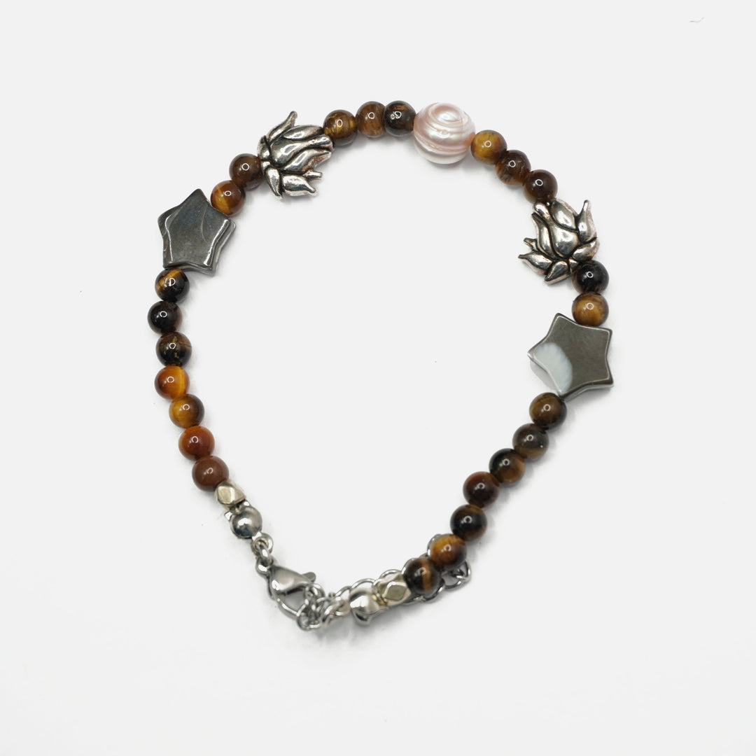 Tiger's Eye Bracelet: Star and Lotus Charm