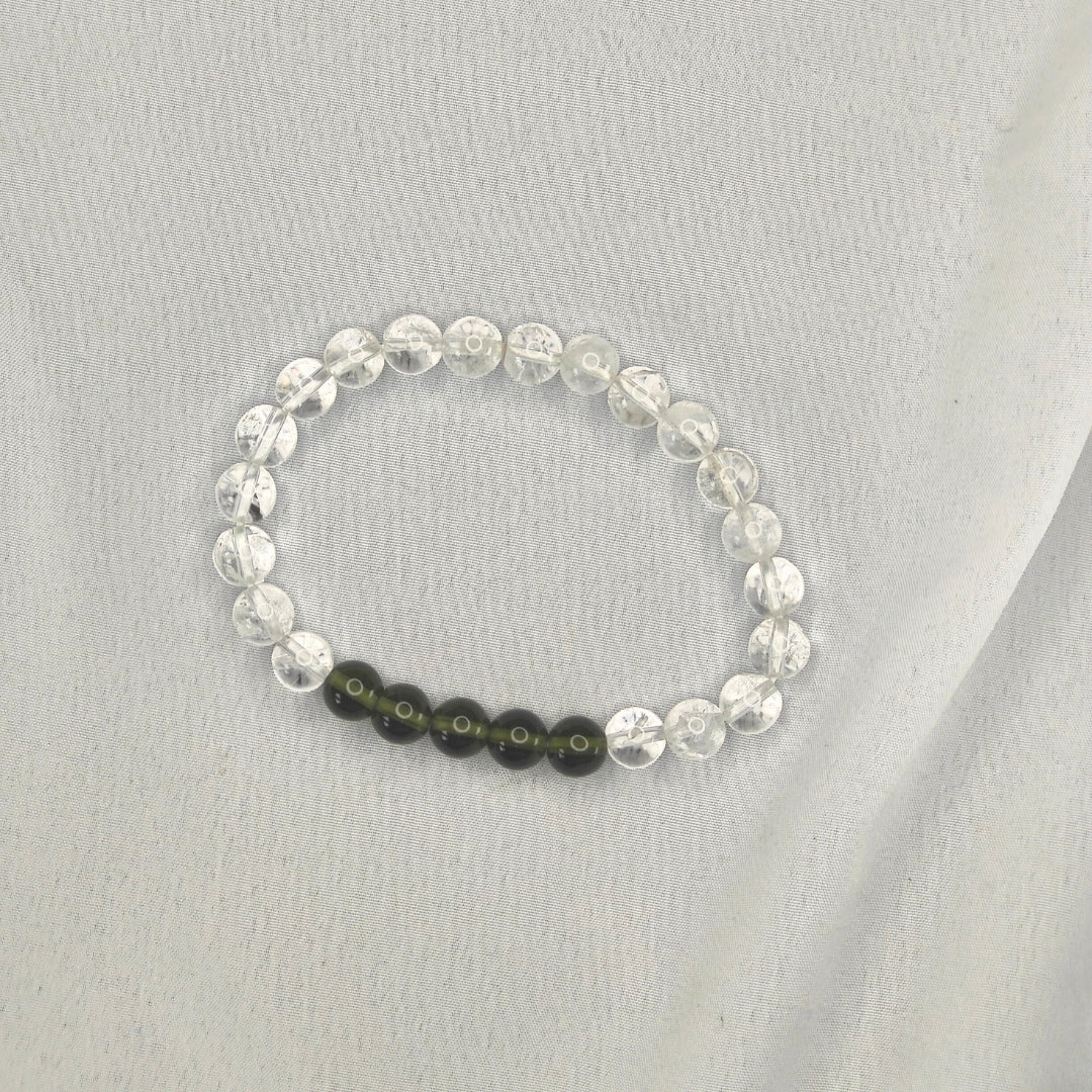 Phenakite and Moldavite Round Beads Bracelet