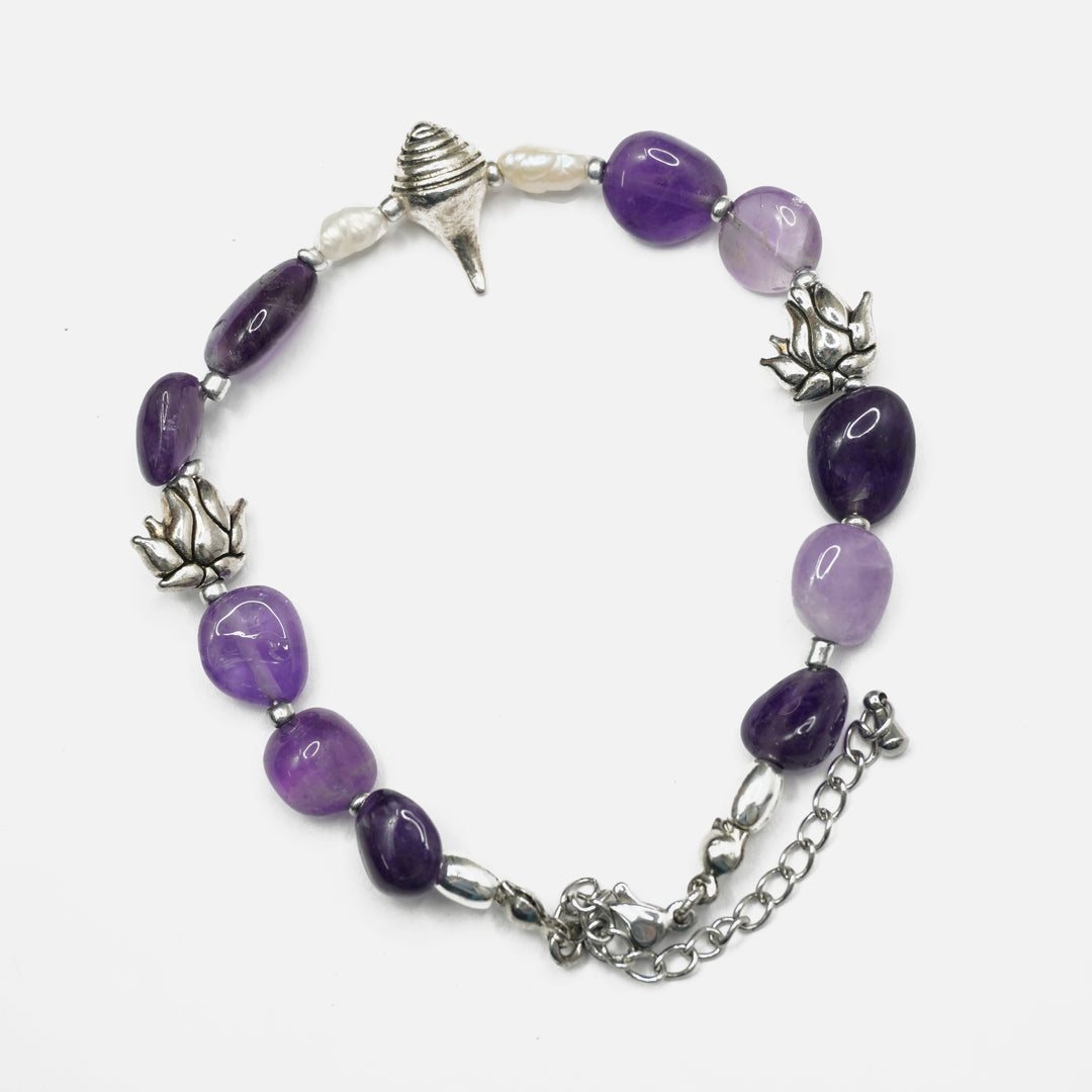 Amethyst Bracelet: Conch and Lotus Charms