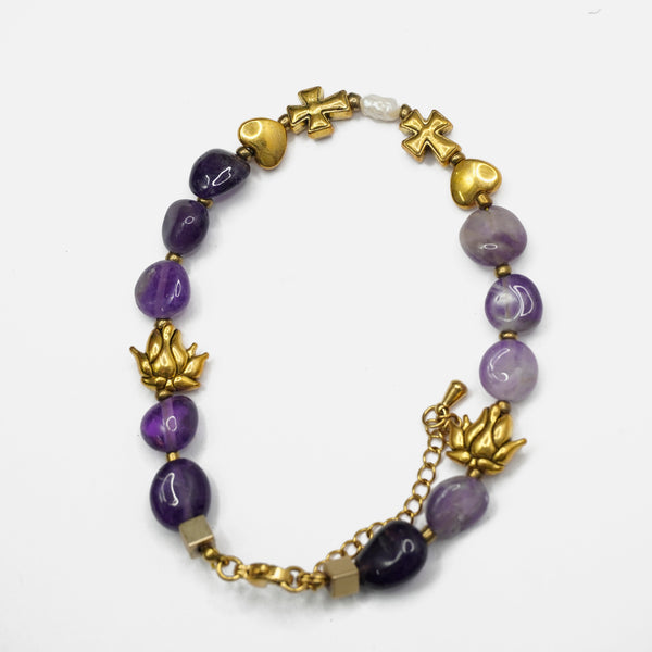 Amethyst Bracelet: Lotus and Plus Charms - Love Rocks