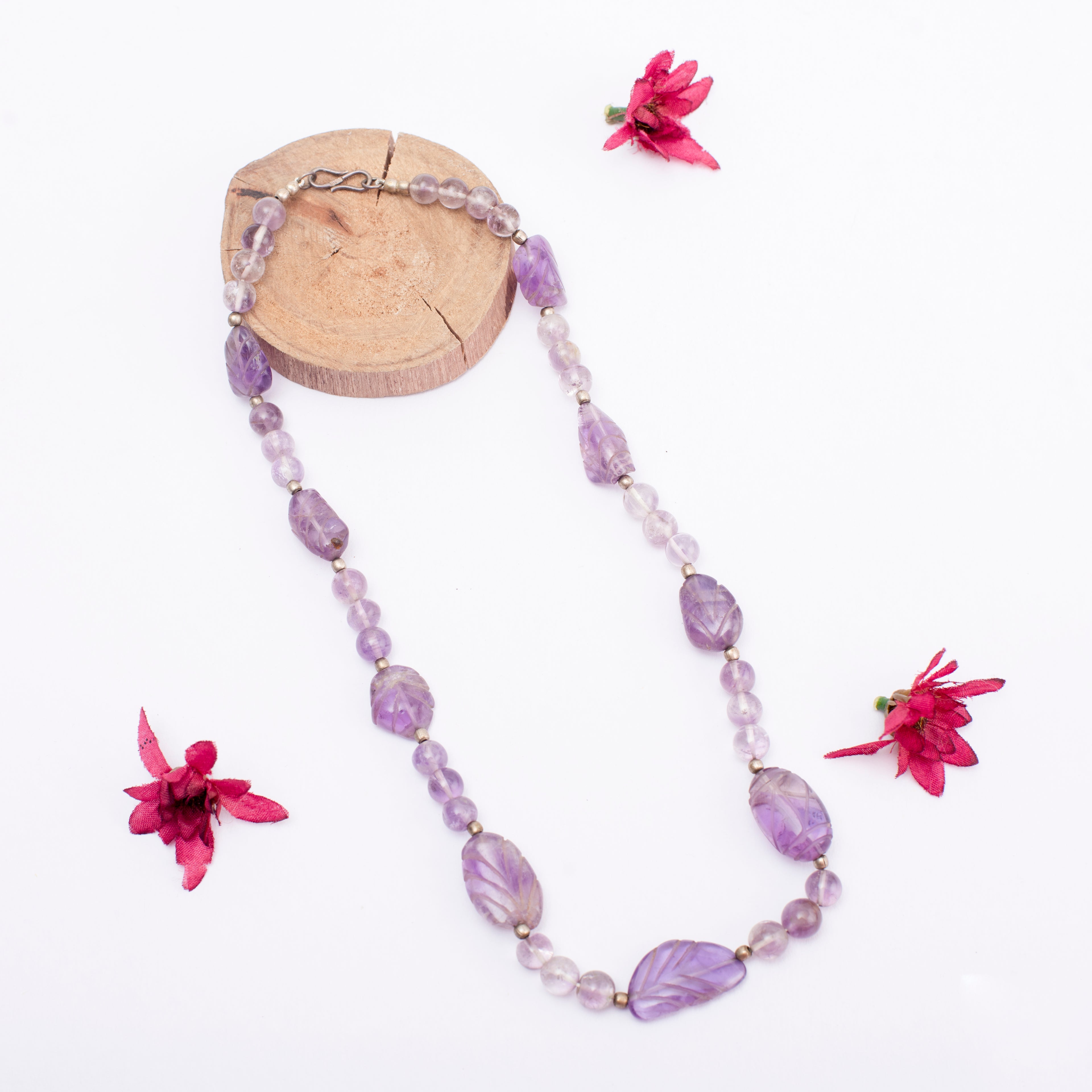 Amethyst Leaf Shaped with Metal Beads Necklace