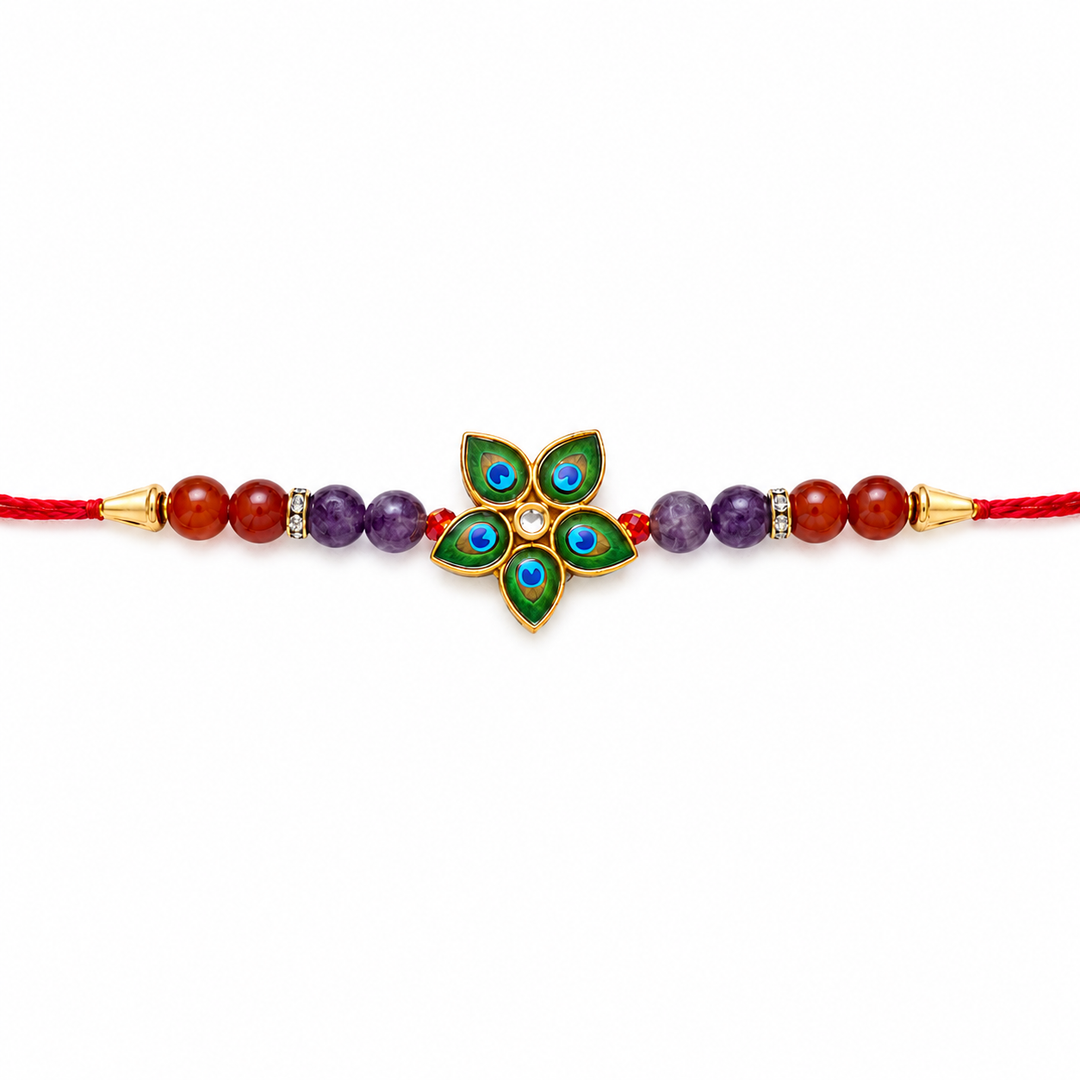 Auralite & Red Carnelian Peacock Charm Rakhi