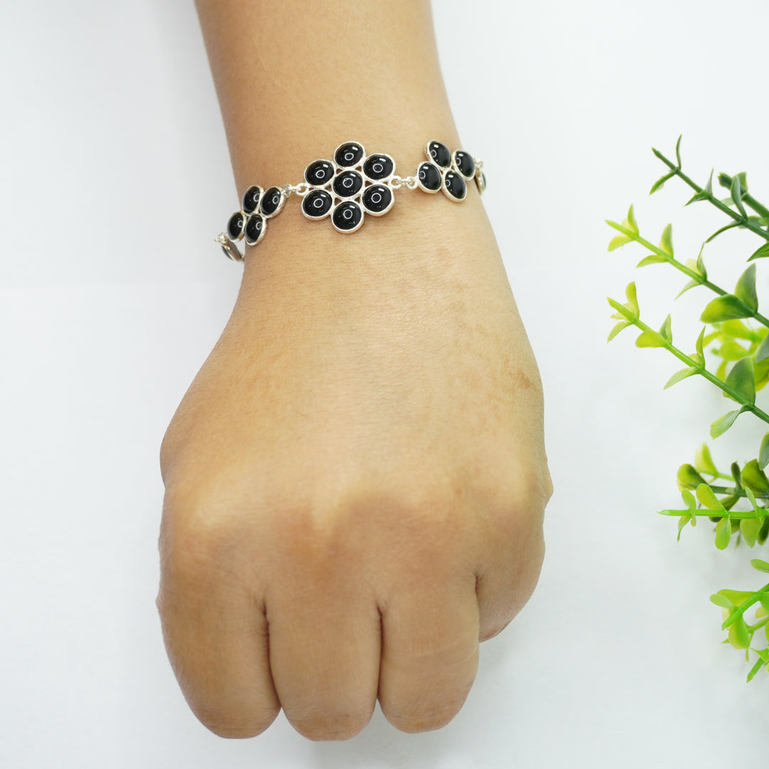 Black Onyx Silver Bracelet - Flower Pattern