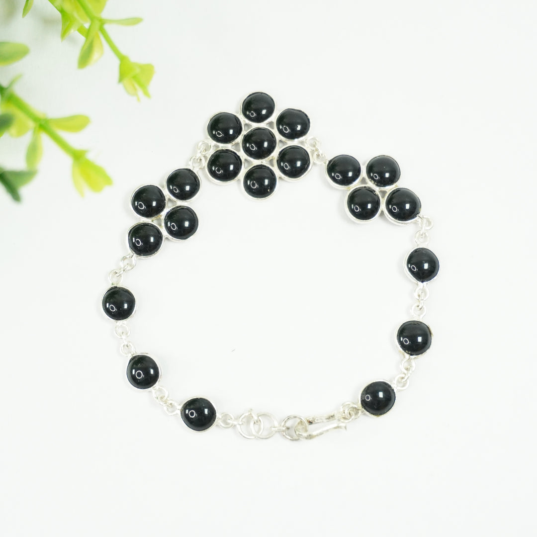 Black Onyx Silver Bracelet - Flower Pattern