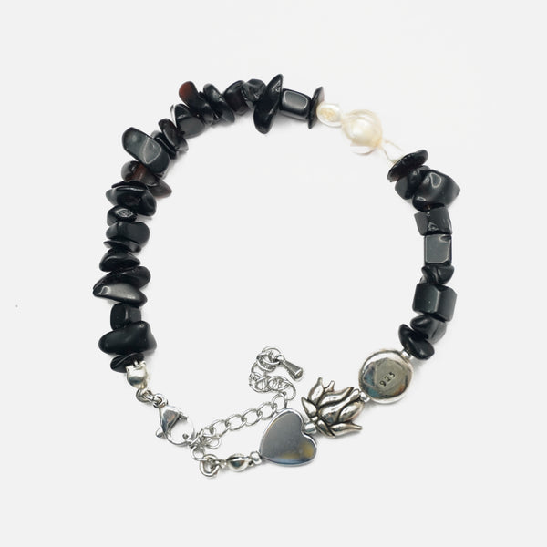 Black Tourmaline Bracelet: Lotus and Heart Charm - Love Rocks