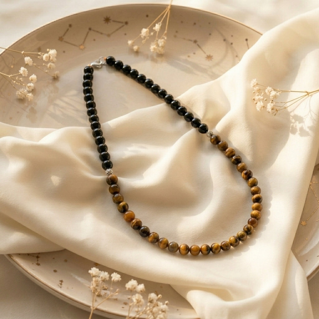 Black Tourmaline & Tiger Eye Half-and-Half Daily Wear Necklace