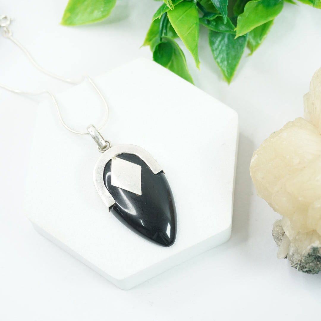 Black Onyx Silver Pendant - Big Drop