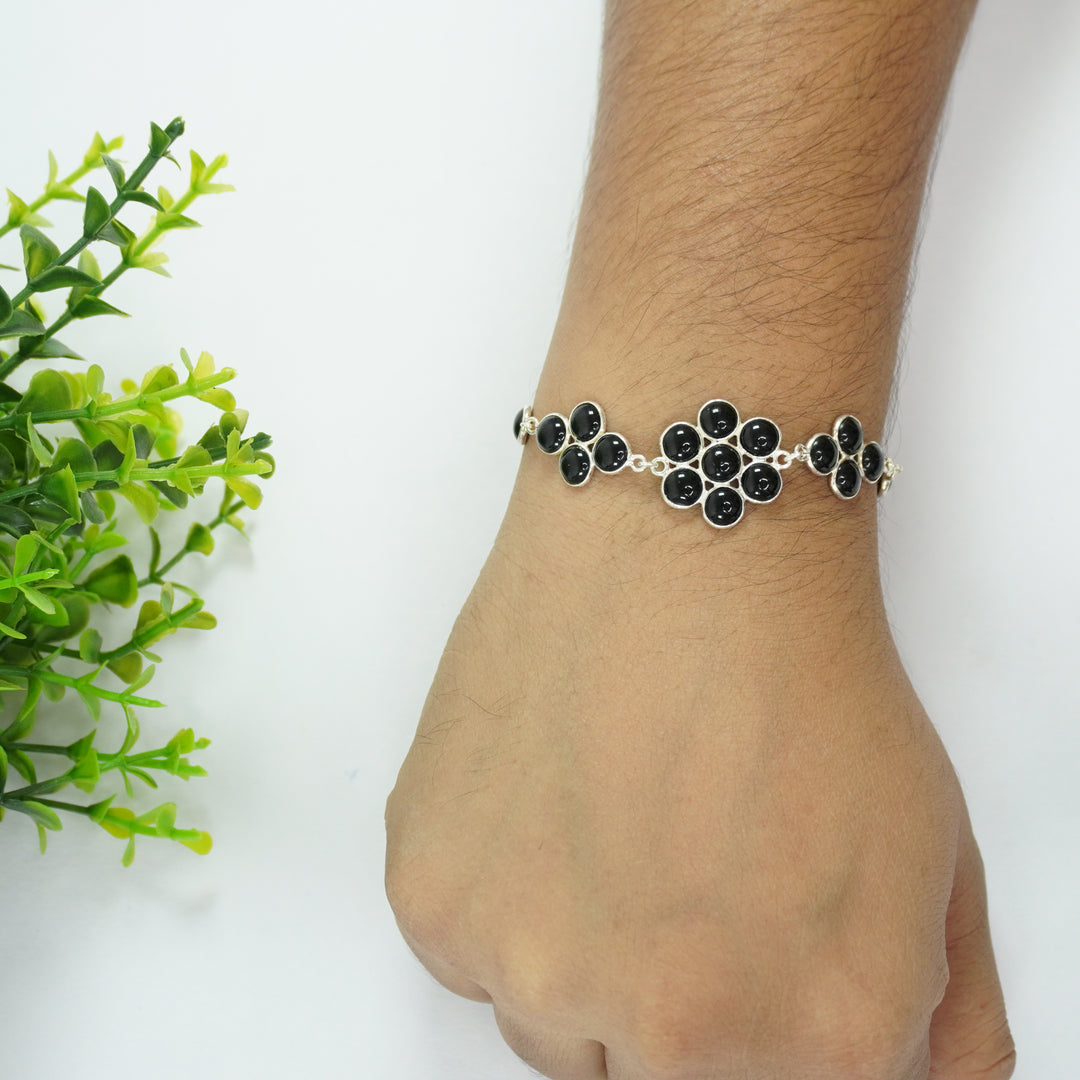 Black Onyx Silver Bracelet - Flower Pattern