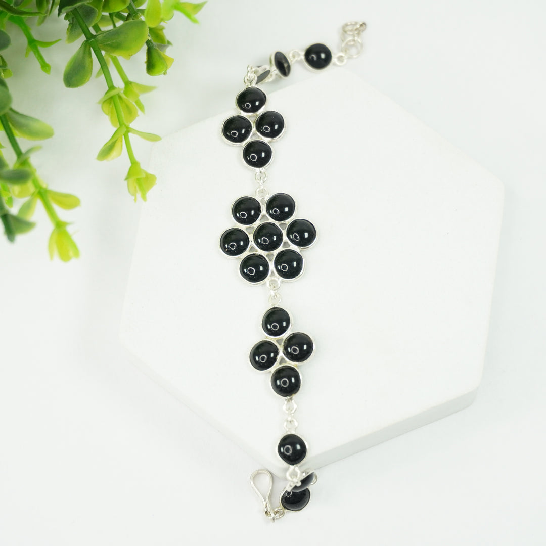 Black Onyx Silver Bracelet - Flower Pattern