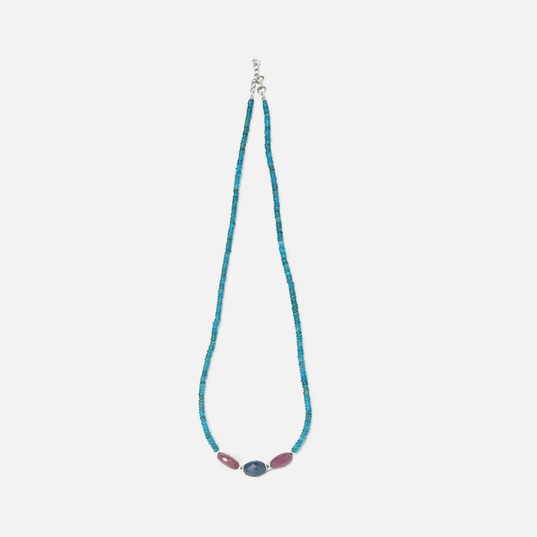 Blue Apatite Necklace - with Ruby and Blue Sapphire Beads