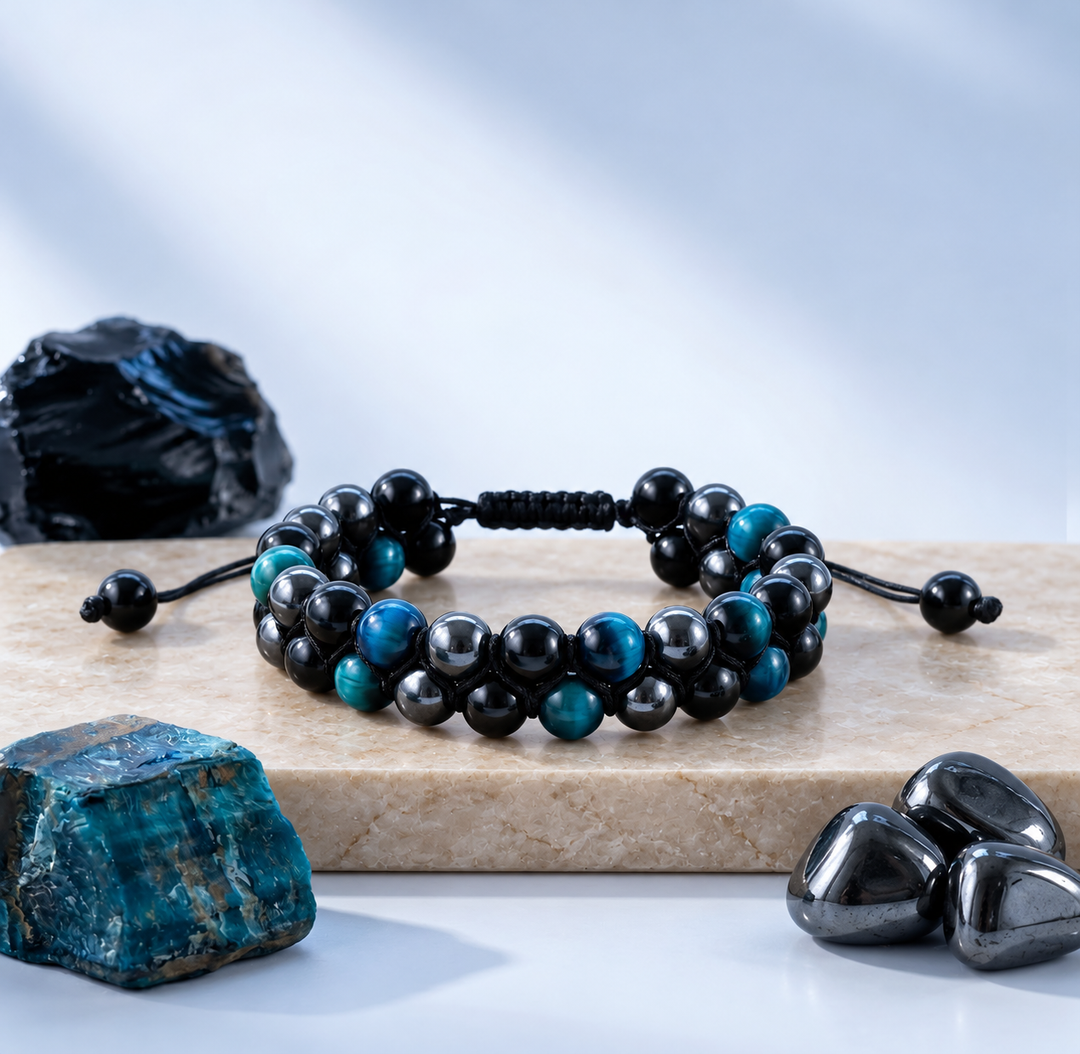 Blue Tiger's Eye, Obsidian & Hematite Bracelet: 2 Layer