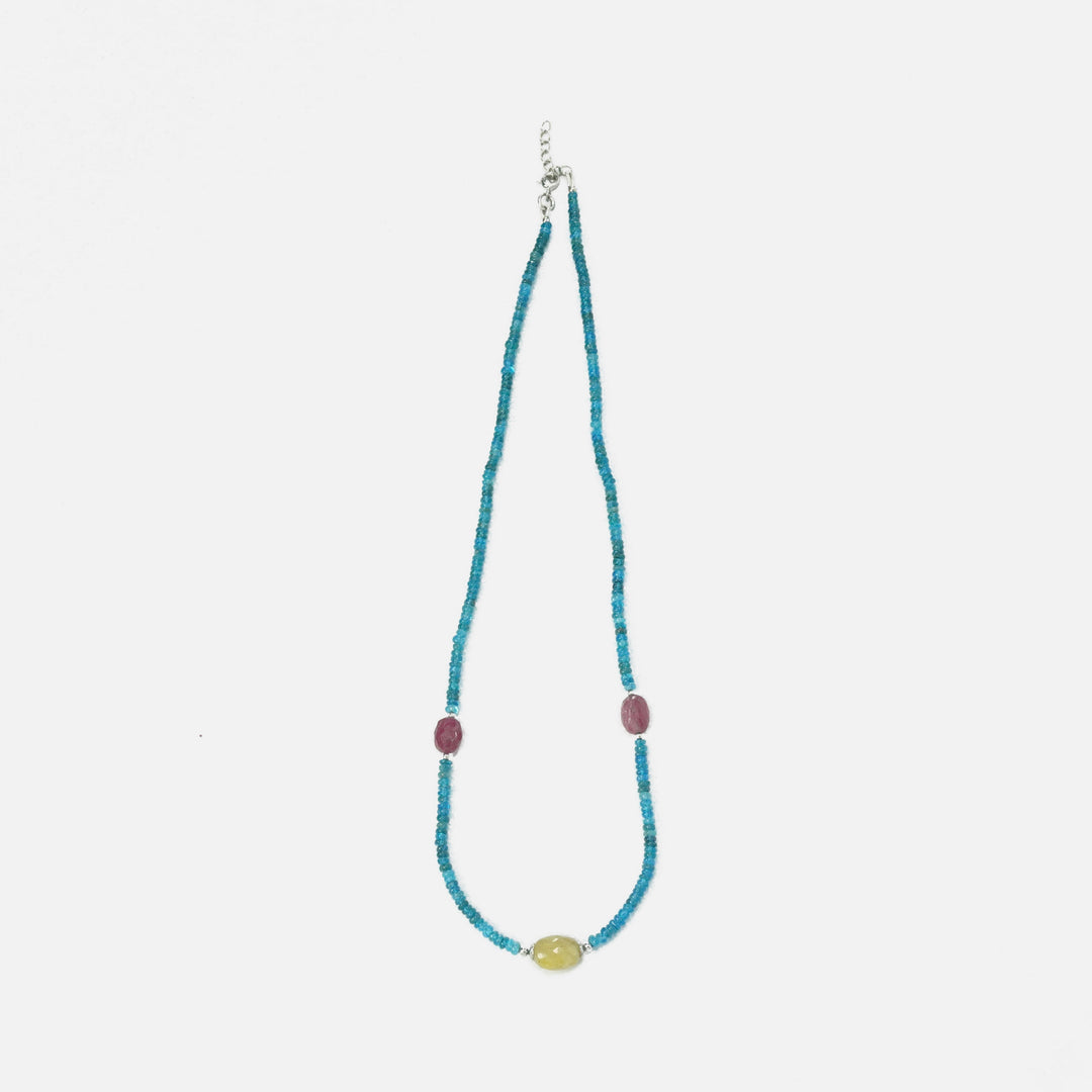 Blue Apatite Necklace - with Ruby and Yellow Sapphire Beads