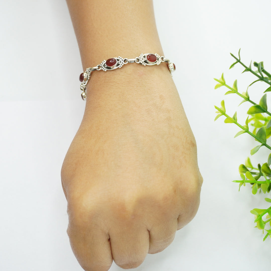 Carnelian Red Silver Bracelet - Oval with Design