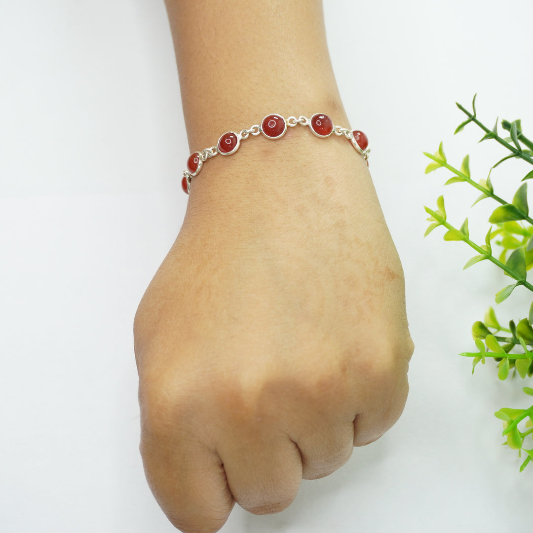 Carnelian Red Silver Bracelet - Round Beads