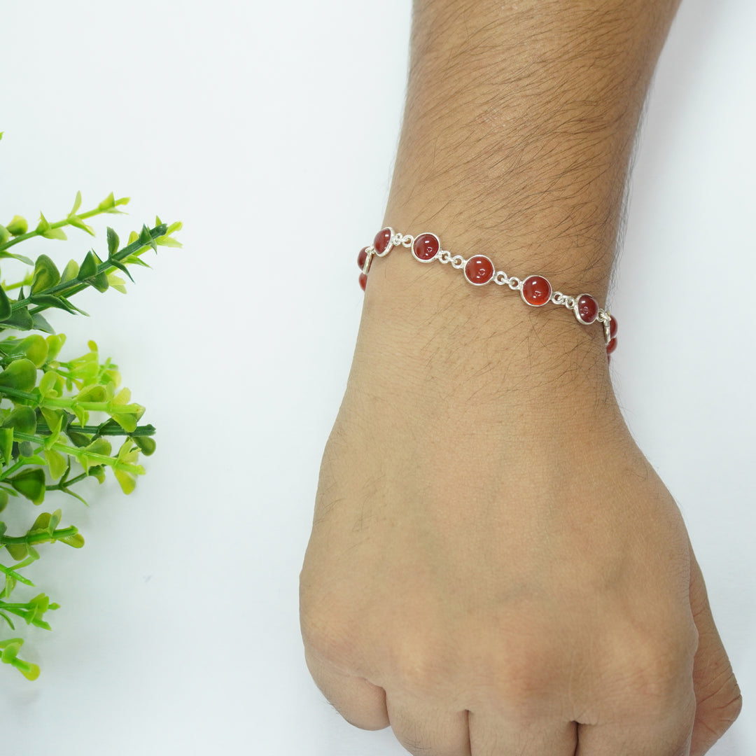 Carnelian Red Silver Bracelet - Round Beads