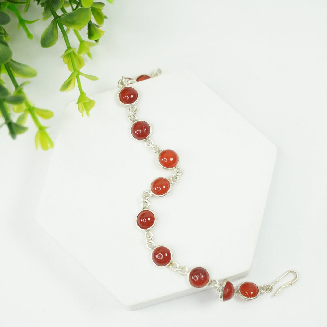 Carnelian Red Silver Bracelet - Round Beads