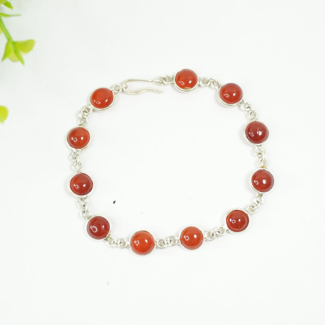 Carnelian Red Silver Bracelet - Round Beads