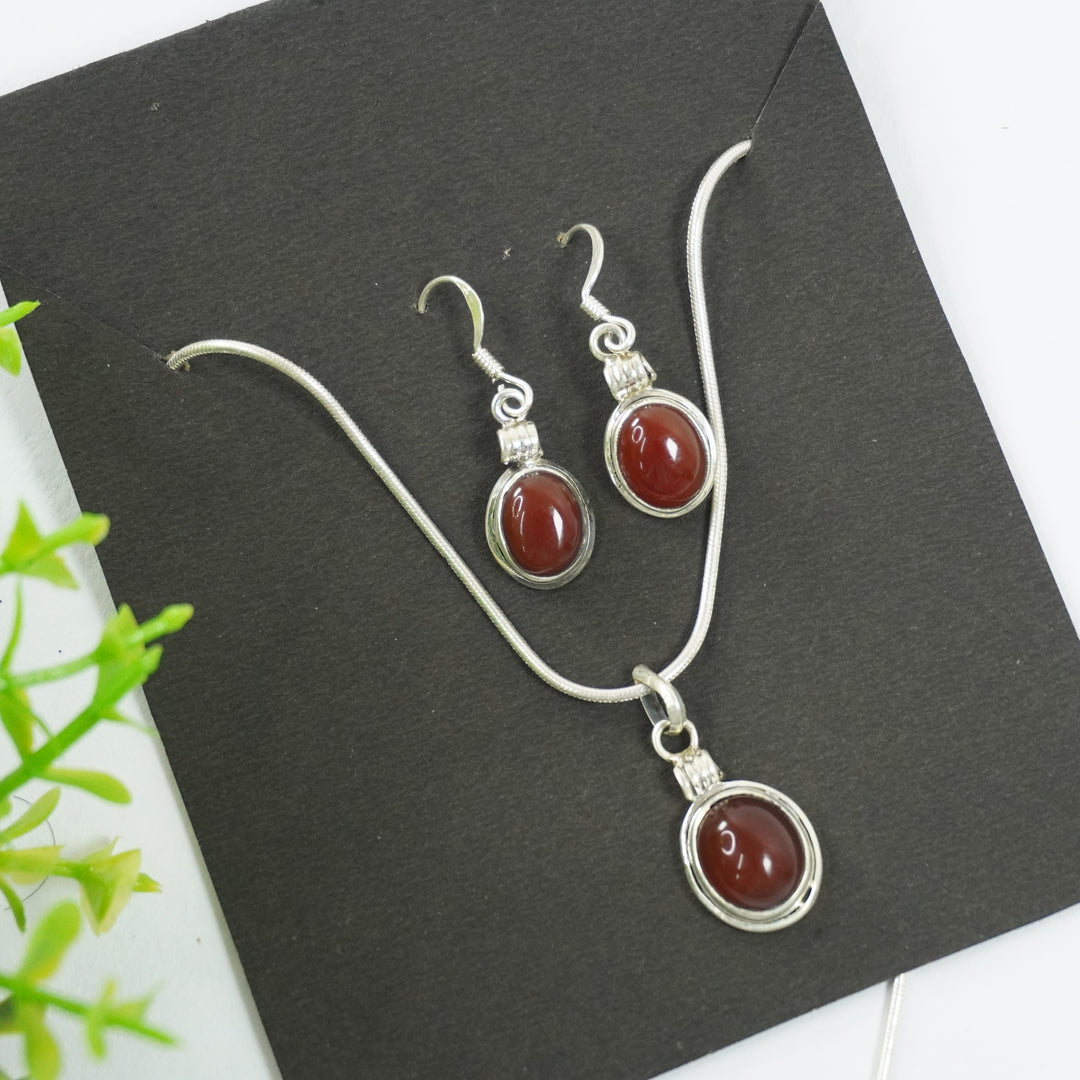 Carnelian Red Silver Pendant and Earrings - Medium Oval