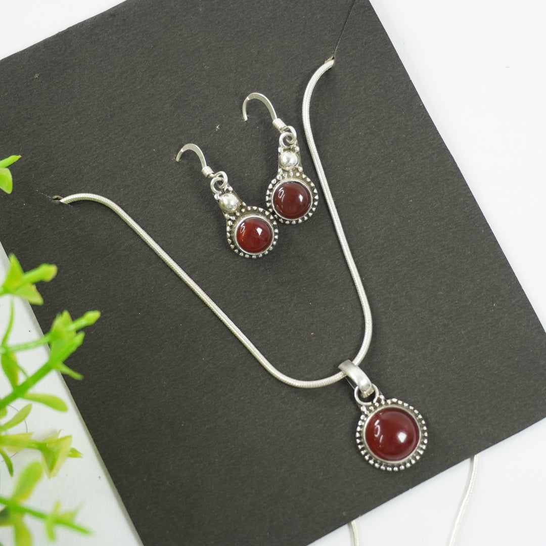 Carnelian Red Silver Pendant and Earrings - Round