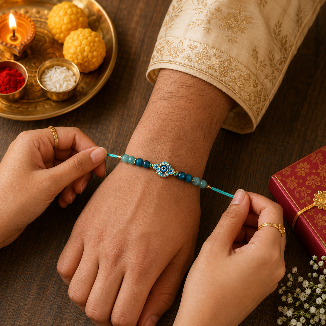 Green Aventurine & Blue Apatite Evil Eye Peacock Rakhi