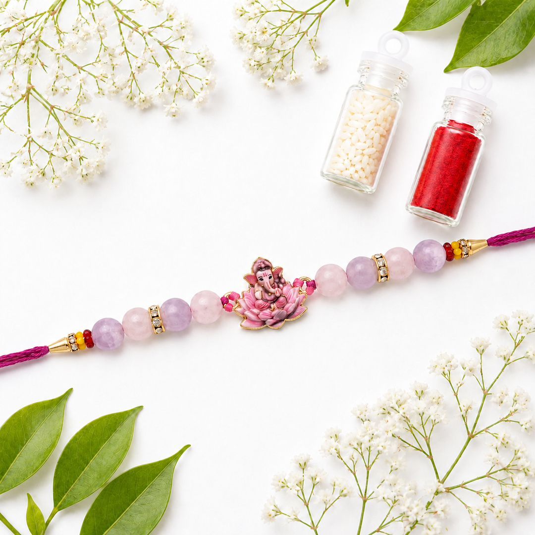 Rose Quartz & Kunzite Ganesha Rakhi