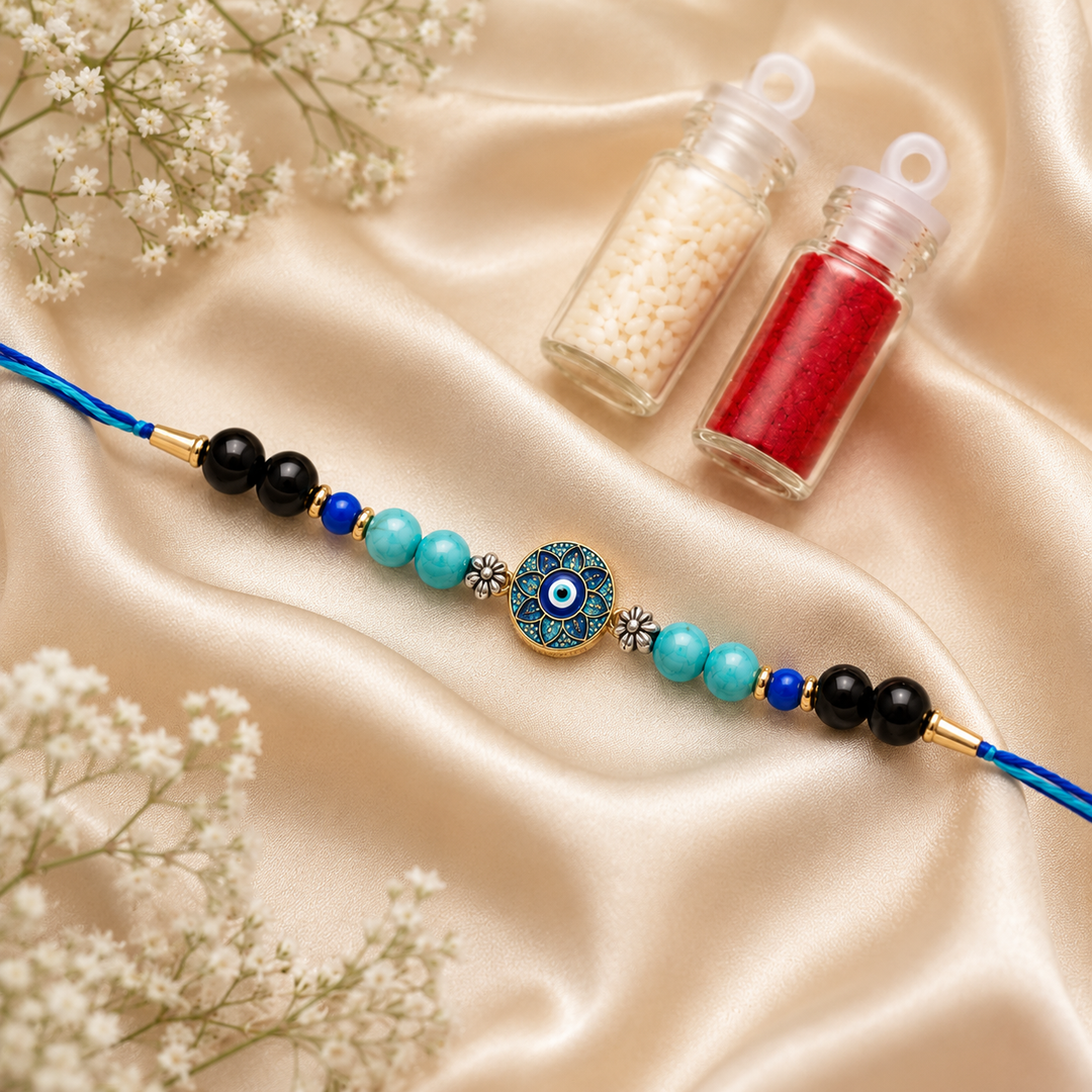 Turquoise & Black Tourmaline Evil Eye Rakhi