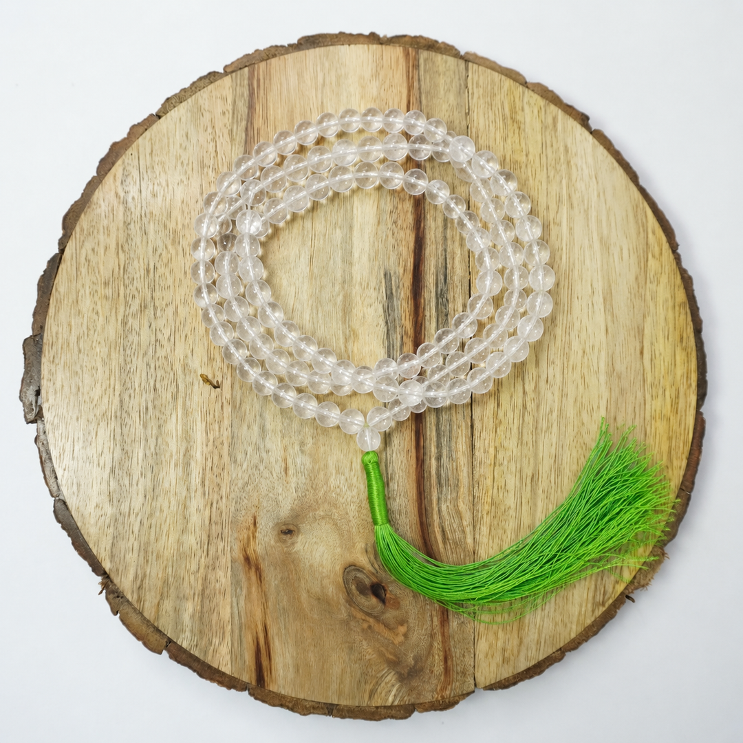 Clear Quartz (Spatika) Japamala: Round Plain Beads 8mm