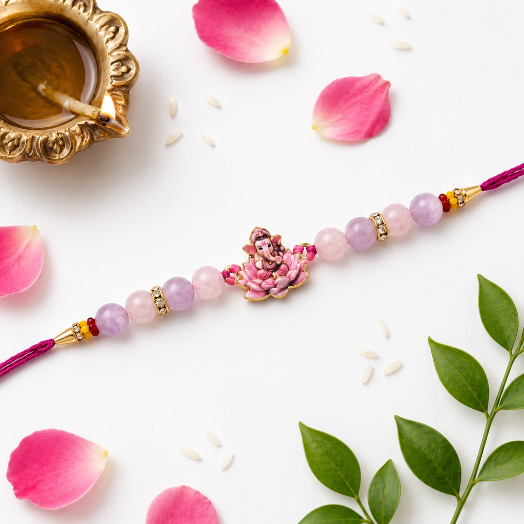 Rose Quartz & Kunzite Ganesha Rakhi