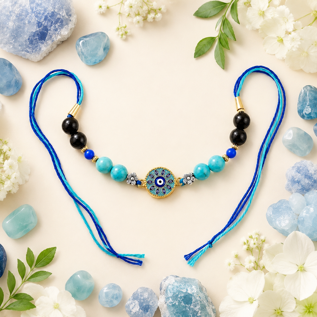 Turquoise & Black Tourmaline Evil Eye Rakhi