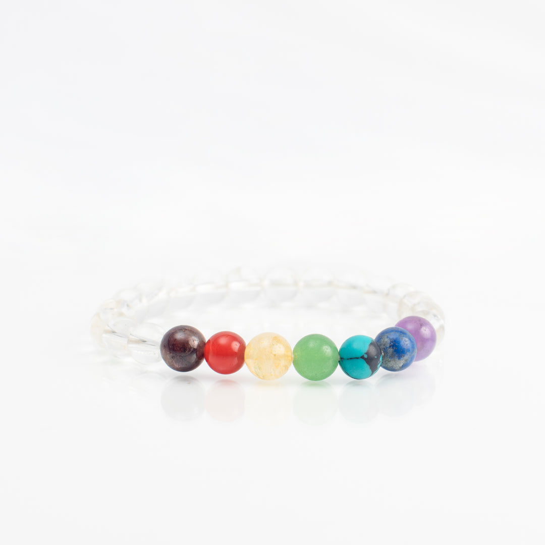 Clear Quartz (Spatika) Bracelet: Spiritual Awareness - with Chakra Stones Round Beads 8mm