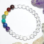 Clear Quartz (Spatika) Bracelet: Spiritual Awareness - with Chakra Stones Round Beads 8mm