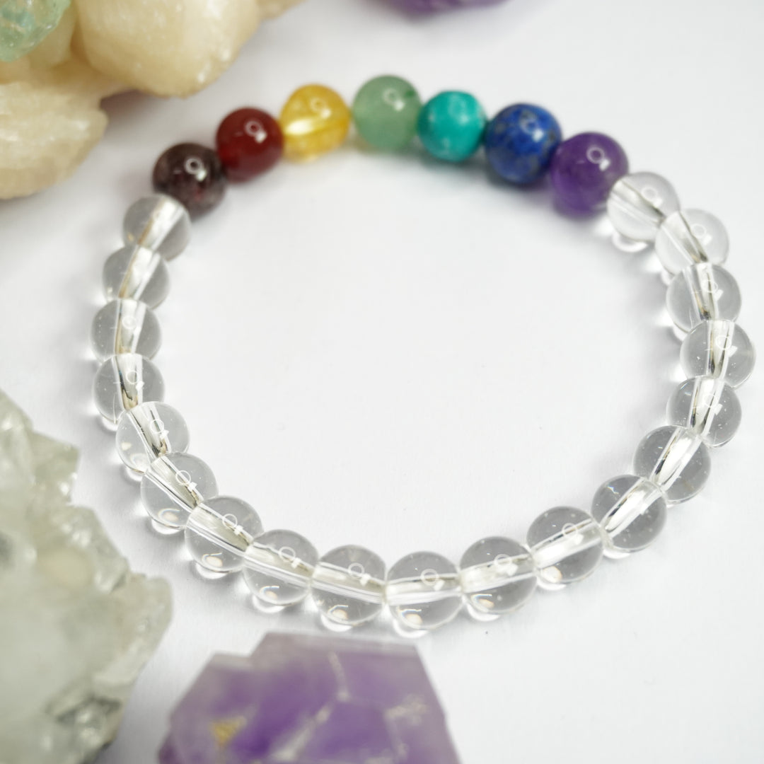 Clear Quartz (Spatika) Bracelet: Spiritual Awareness - with Chakra Stones Round Beads 8mm