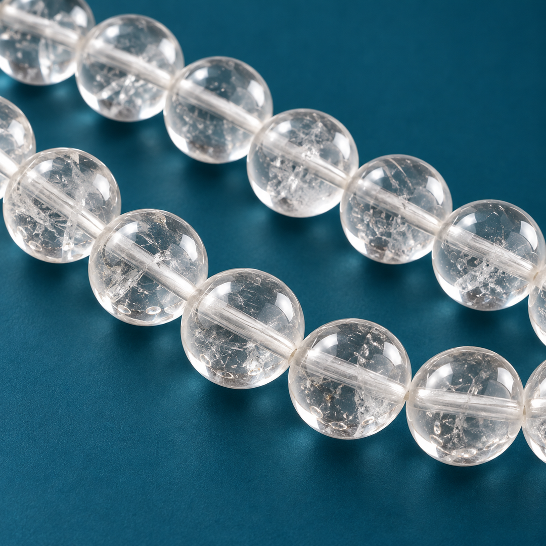 Clear Quartz (Spatika) Japamala: Round Plain Beads 8mm