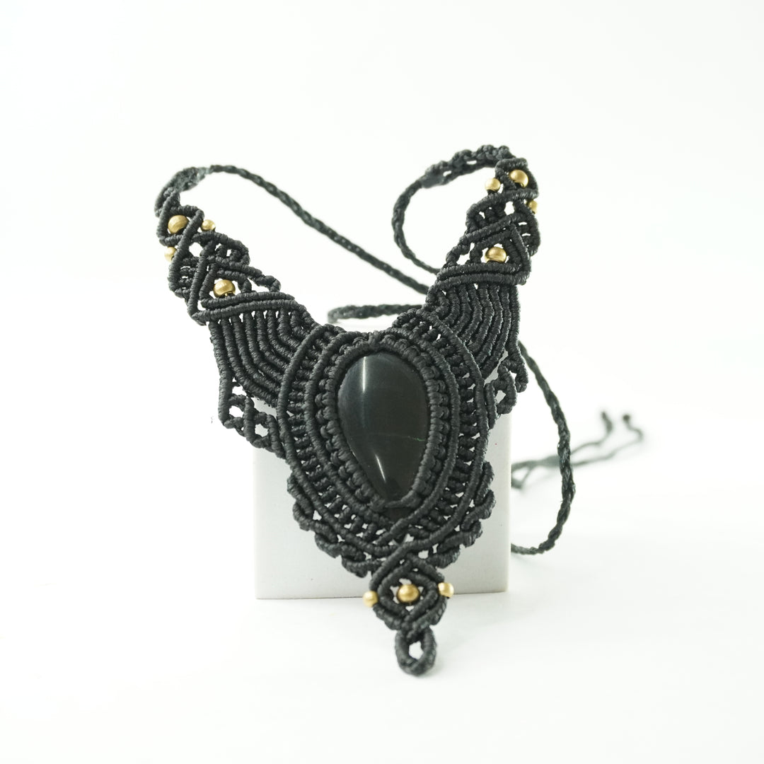 Black Onyx Necklace: Concentration - black thread weaved Narrow V shaped