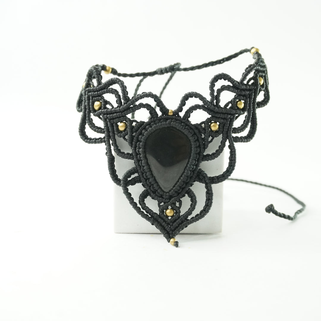 Black Onyx Necklace: Concentration - Black Thread weaved Broad V shaped