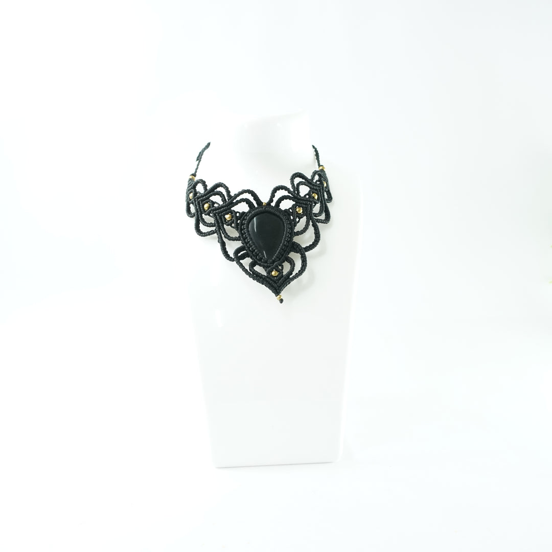 Black Onyx Necklace: Concentration - Black Thread weaved Broad V shaped