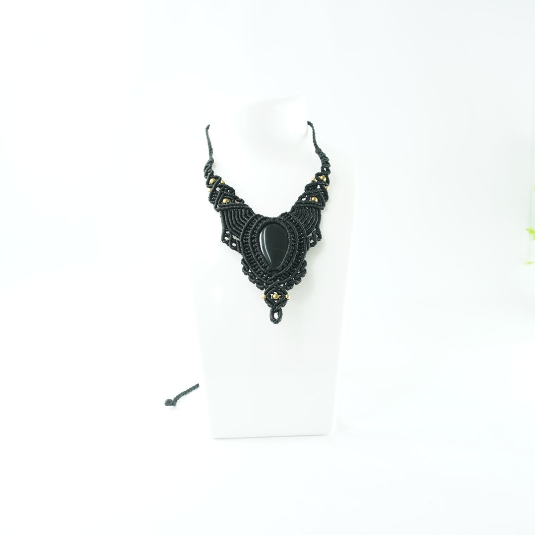 Black Onyx Necklace: Concentration - black thread weaved Narrow V shaped