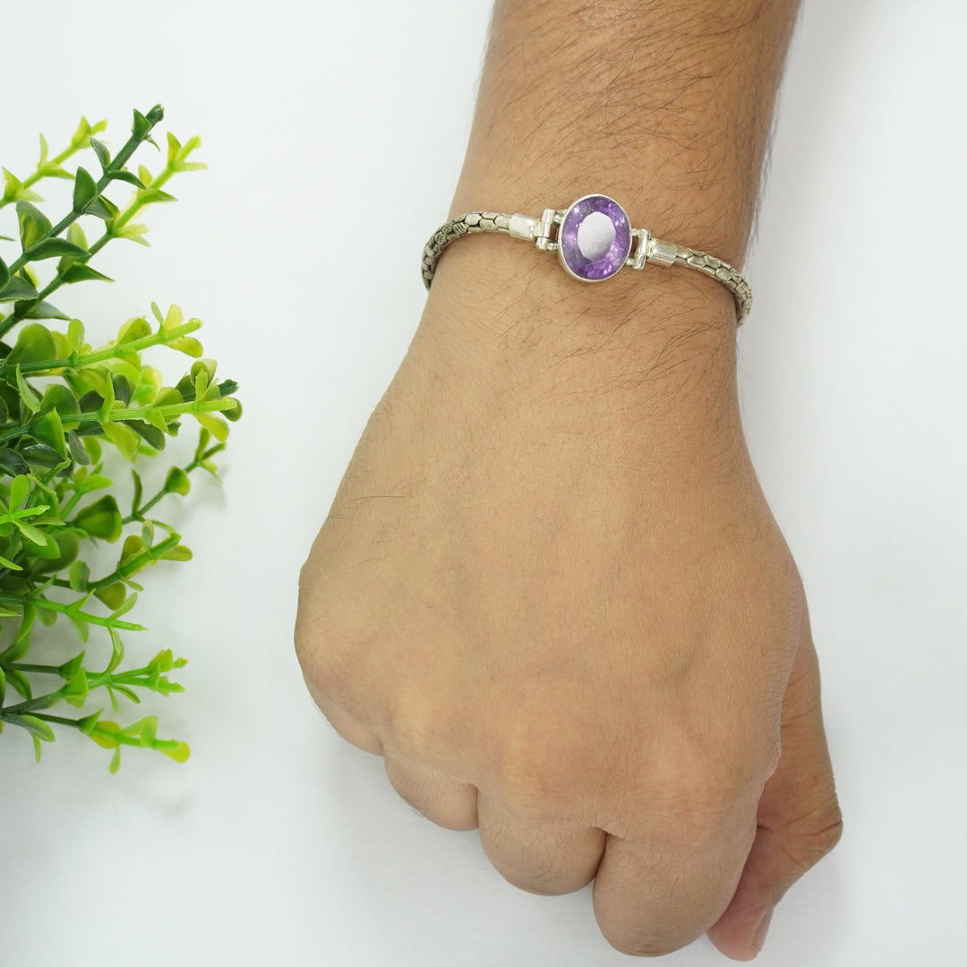 Amethyst Silver Bracelet - Oval Beads with Band